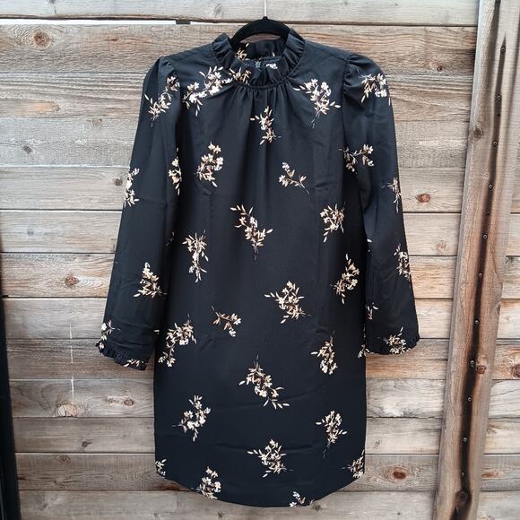 J.Crew Printed Ruffleneck Mini Shift Dress Size 0 Gold Floral Long Sleeve - Picture 1 of 7